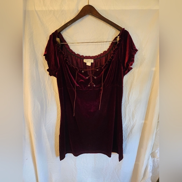 Vintage 90s Whimsigoth Burgundy Velvet Lace-up Mini Dress size Large - Picture 1 of 3